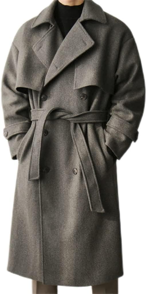 Men's Woolen Cloth Straight Casual Windbreaker Long Sleeve Double-Breasted Loose Overcoat Autumn Personality Coat (Color : B, Size : XLcode) (B Scode)