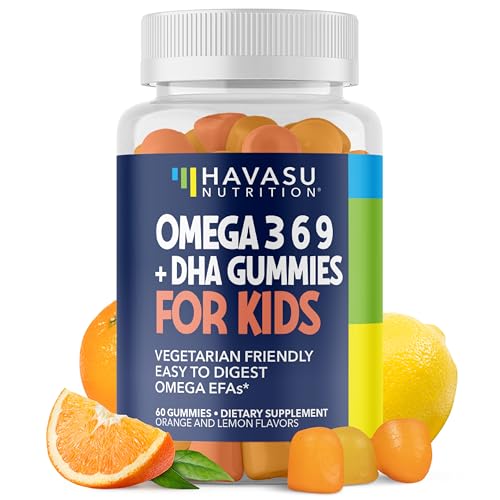 Omega 3 6 9  DHA Gummies for Kids - Vegetarian, Plant-Based Fish Oil with DHA and EPA for Children 2 to Support Body and Brain Development - No Fishy Taste - Lemon and Orange Flavors - 60 Count