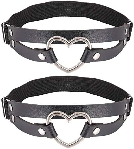 FM FM42 Multicolor PU Simulated Leather Womens Gothic Double Straps Heart O Ring Leg Thigh Elastic Garter Belt, One Pair