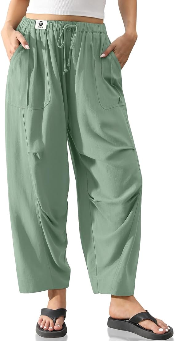 TARSE Womens Linen Casual Pants Loose Fit Drawstring Waist Straight Leg Trousers Beach Travel Vacation Clothes with Pockets