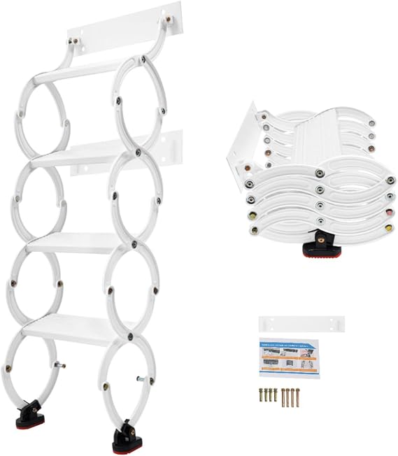 Wall Mounted Folding Ladder Pull Down System Telescoping Step Ladder with Handrails Metal Retractable Ladder, 35.43-43.3in Vertical Height (White, 4 Step)