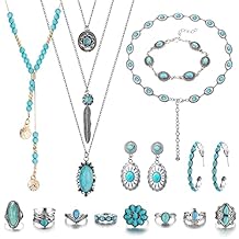 Florideco Bohemian Turquoise Jewelry for Women Men Western Set Adjustable Belt Rings and Necklace Vintage Drop Earrings Bracelet Boho Turquoise Jewelry for Women