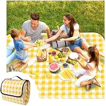 CUNCUI Large Picnic Blankets, 3 Layers Thick Soft Gingham Camping Blanket, 59X79IN Foldable Waterproof Rug, Portable Outdoor Mat for Beach Grass Hiking Park Travel, Sandproof, Machine Washable-Yellow