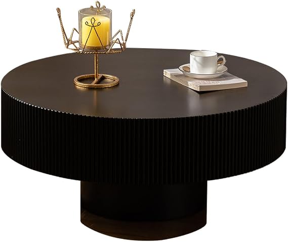 Modern Round Fluted Coffee Table with Sturdy Pedestal, Wooden Coffee Table with Thick Desktop, Unique Circle Accent Center Tables, Drum Tea Tables for Living Room Apartment,Black