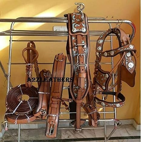 Leather Driving Harness for Single Horse Cart with Bridle, Reins, Traces, Breast Pad, Neck pad, Crupper & Breeching (Brown Cob)