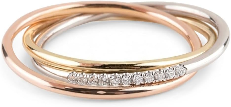 Elegant Jewel Box Women's Trinity Ring with 11 Diamonds in Solid Gold 9k, 14k & 18k, Tricolor Gold Band, Three Gold Colors Interlocked Rings