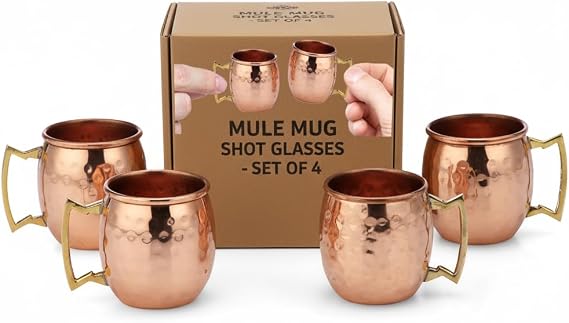 Modern Home Handmade Hammered Copper Moscow Mule Shot Glasses 2oz Mini Mug 100% Pure Copper Leakproof Welded Handle Artisan Made Great for Gifts, Bars & Parties (Set of 4)