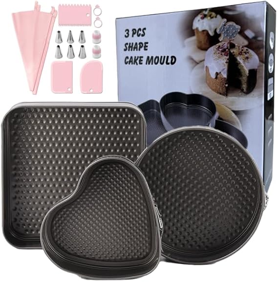 3PCS Springform Cake Tin Set(20/22/24 CM),Non-Stick Baking Pan Cake Mould for Moulding Serving Cake Pan,with Removable Bottom,Easy Release,3 Shapes (Round, Square, Heart-Shaped)