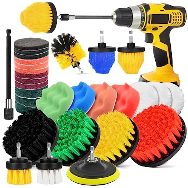 30Pcs Drill Brush Attachment Set,Drill Scrubber Brush Kit Include Scrub Pads, Sponge, Extend Attachment, Drill Cleaning Brush Attachment Set for Bathroom, Tub, Tile, Corner, Floor, Grout, Boat