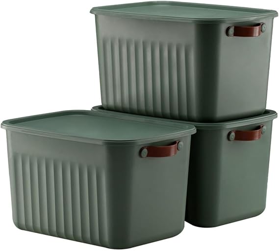 3 Adet Modern Kapaklı Saklama Kutusu Seti -15 Litre – Yeşil- Taşınabilir Kulplu, Dolap İçi Düzenleyici, Çok Amaçlı Organizer Kutu, Oyuncak & Kıyafet Kutusu