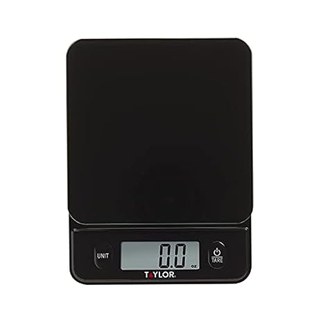 Taylor Glass Top Food Scale with Touch Controls, 11 lb Capacity, Sleek Black Design for Precision Food Measurement in Grams and Ounces
