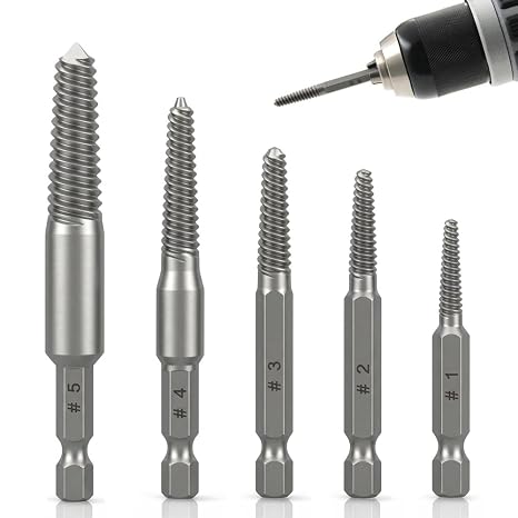 5 PCS Screw Extractor Set Bolt Extractor Drill Bits with 1/4" Hex Shank Damaged & Stripped Screw Remover Easy Out Tool Kit for Removing Broken Bolts, Studs, Rusted Screws (Silver)