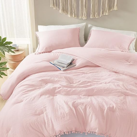 Codi Blush Pink Boho Comforter Set, Twin Size Bedding Sets | Pom Pom Fringe Design, Soft Washed Microfiber Fabric, Lightweight & Breathable Comfort, Year-Round Cozy Warmth