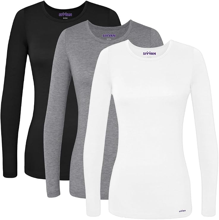 Sivvan 3-Pack Women's Long-Sleeve Comfort Underscrub Tee, Scrubs Undershirts