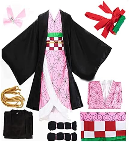 SOBOUR Kamado Nezuko Cosplay Costume Nezuko Cosplay Kimono Set with Wig and Bamboo Halloween Outfit