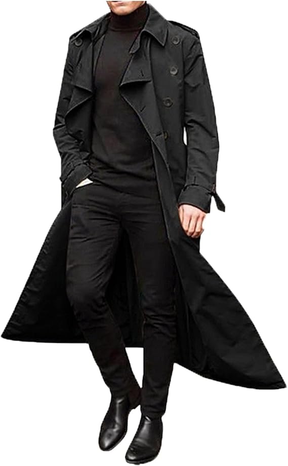 Men Trench Coat Winter Long Jacket Double Breasted Overcoat Men's Classic Wool Trench Overcoat Long Coat Jackets(Black,S)