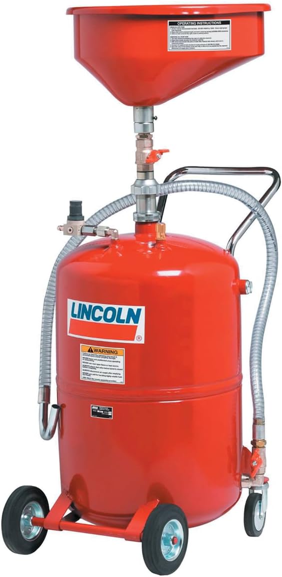 Lincoln 3614 Pneumatic 20 Gallon Pressurized Fluid Drain and Evacuation Tank, 45-71" Adjustable Funnel Height, Heavy-Gauge Steel, 18" Offset Bowl with Metal Filter Screen, 4" Swivel Casters, Red