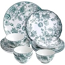 12-Piece Floral Porcelain Dinnerware Set, Service for 4, Green Pattern Plates and Bowls, Microwave and Dishwasher Safe