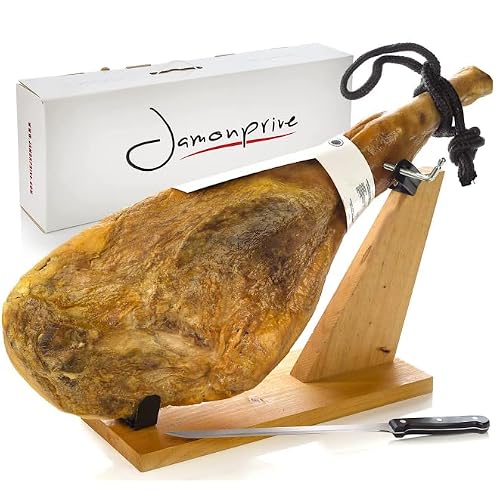 Serrano Ham Bone in from Spain 15-17 lb with Ham Stand & Knife - Cured Spanish Jamon with NO Nitrates or Nitrites all Natural - GMO Free and Gluten Free