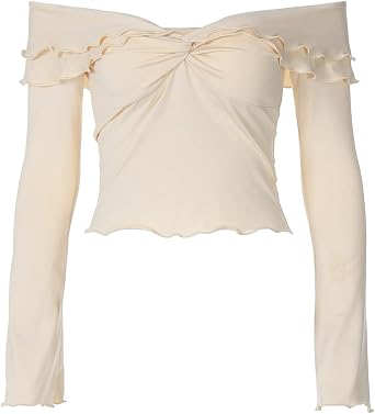 OCUH Off The Shoulder Tops for Women Long Sleeve Crop Top Ruffle Hem Sexy Going Out Tops Early Fall Fashion
