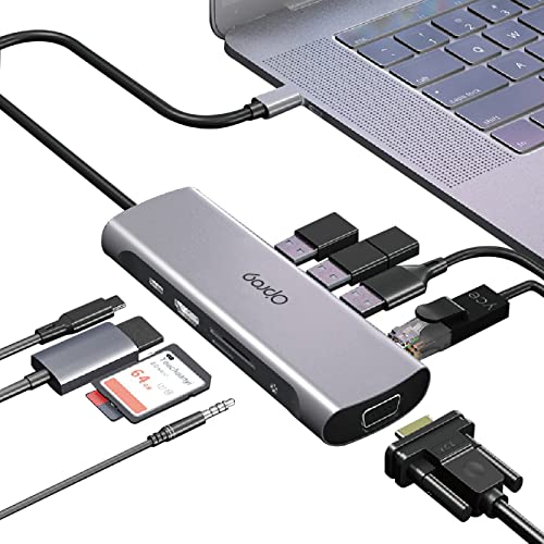 Opro9 10-in-1 USB C Hub Multiport Adapter, Laptop Docking Station Dual 4K HDMI  1080P VGA, USB 3.0, PD 100W, Gigabit Ethernet, SDTF Card Reader, 3.5mm Audio Jack, for Windows & MacBook PC, Laptops