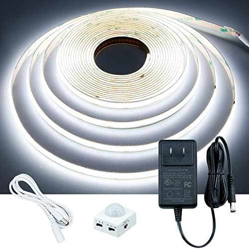 GOMING Motion Sensor COB LED Light Strip 16.4ft5M Cool White 6000K 3 Lighting Modes 3 Timing Off Modes 3 Brightness Modes with Power Adapter for Kitchen Cabinets Stair Showcase Bedroom Bed