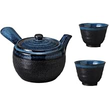 Japanese Mino Ware Ceramic Kyusu Teapot and Yunomi Tea Cups Set, 15 Fluid Ounces Black flowing Crystal Blue M61311 (Teapot and tea cup)