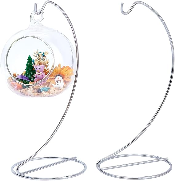2PCS Ornament Display Stand Metal Stand Hanger Silver Iron Bauble Hooks Hanging for Glass Ball Suncatchers Air Plant Terrarium Home Office Decoration Display