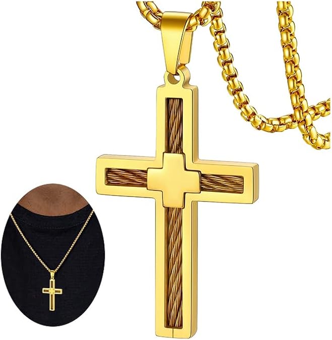 FaithHeart Stainless Steel Cross Necklace for Men, Silver/Black/Gold Cross Chains for Men Religious Amulet Necklaces Christian Gifts for Dad
