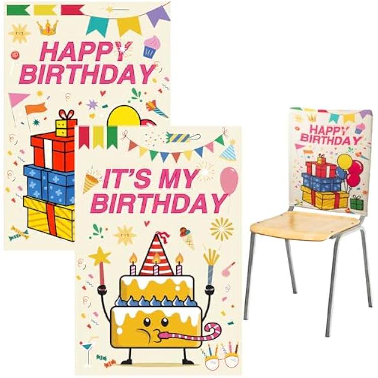 Set of 2 Happy Birthday Chair Covers for Classroom 16.5x22.4 Inch Student Birthday Seat Cover for Classroom Chair Back to School Reusable Washable Party Decorations for School Home Celebration