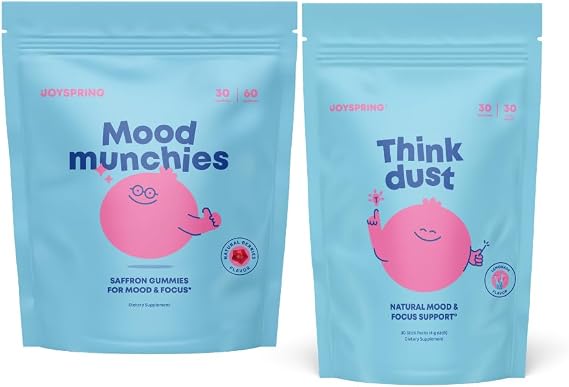 JoySpring Kids Calm & Focus Bundle | Mood Munchies Saffron Gummies + Think Dust Magnesium Saffron Stick Packs | Sugar Free, Vegan, Brain Support & Daily Routine Supplement for Kids Ages 4+