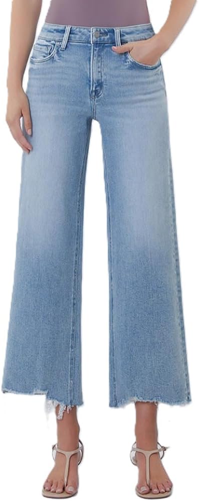 VERVET Women's High Rise Wide Leg Jeans, Light Blue Wash, Cropped Length with Distressed Hem, Comfort Stretch Denim