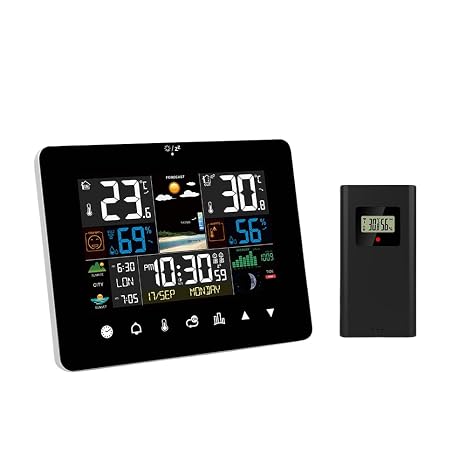Weather Station Wireless Indoor Outdoor Thermometer, Digital Weather Station with Clock, Temperature, Humidity, Barometric Pressure, Color Display Weather Forecast with Outdoor Sensor for Home Office