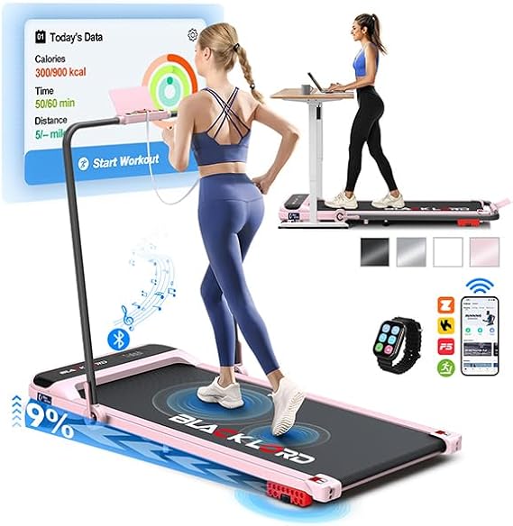 BLACK LORD Folding Walking Pad with Handle, Portable Treadmills for Home with 9% Incline, Indoor Electric Running Machine with 140kg Load, 100x40cm Wide Running Belt, LED Display, APP/Remote Control