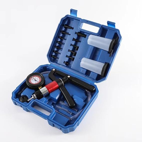 Handheld Vacuum Pump Brake Bleeder Kit, Multi-Functional Vacuum & Pressure Tester Set with Gauge, Hoses, Adapters and Fluid Reservoirs, for Automotive Brake, Clutch and Fluid Extraction ((23PC-Blue))