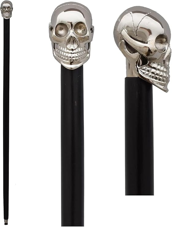 Brass Walking Stick Unique Knob Skull Head Walking Stick Cane Victorian Wooden Cane, Black and Silver, 36''