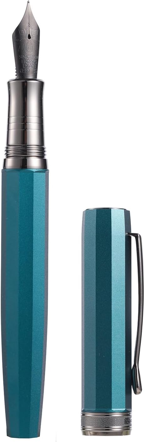 HONG DIAN N11 Fountain Pen, Titanium-Coated Black Extra Fine Soft Nib, Peacock Blue & Octagonal Geometric Design with Metal Case Set