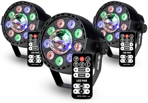 ColorKey Party Light FX 3-Pack Bundle - Three Quad Color LED DJ Wash Lights with Motorized RGB Party Bulb Effect and Remotes
