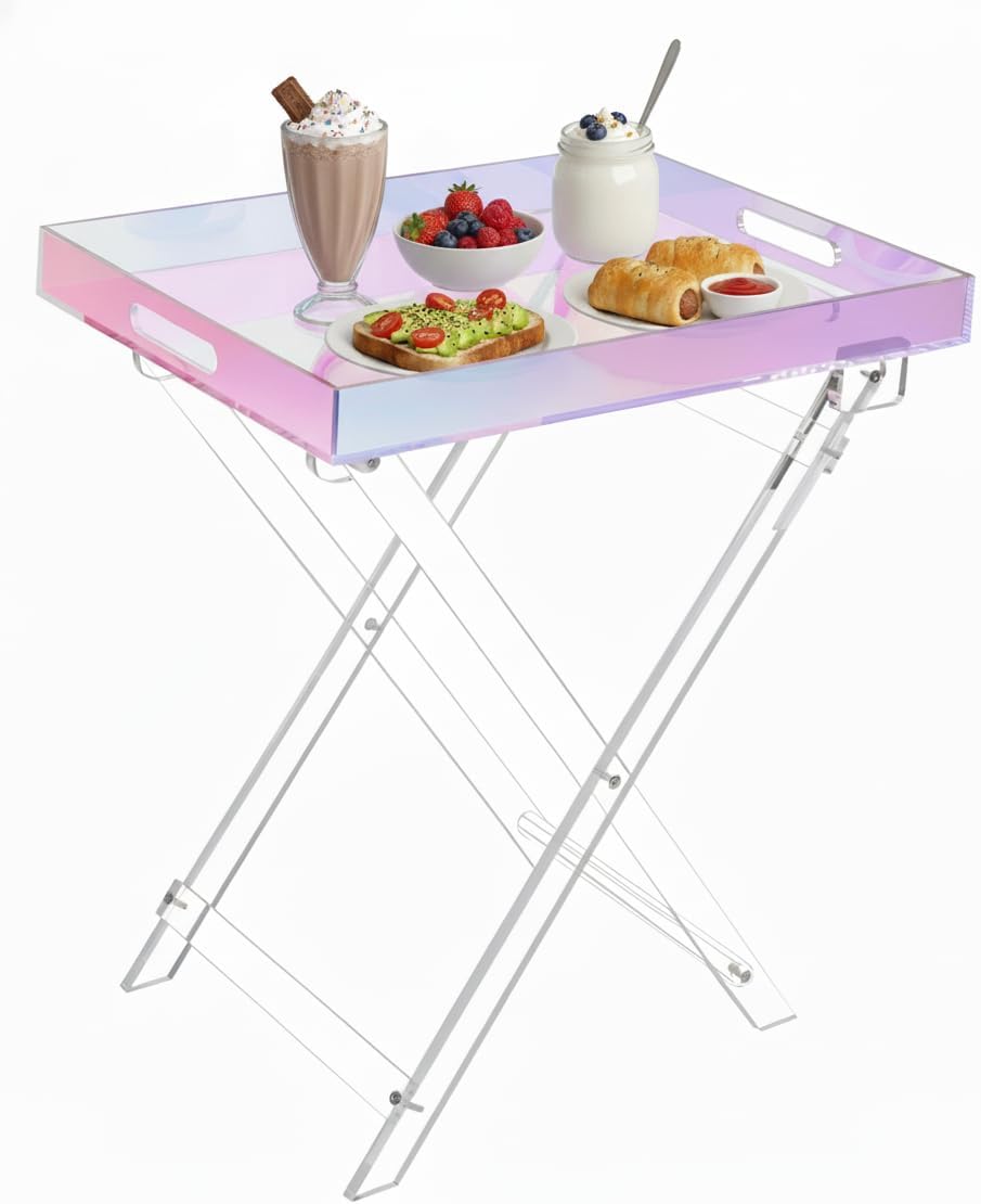 Acrylic Folding Tray Table, Rainbow Color Acrylic Coffee Table, Iridescent Side Table Modern Accent Square End Table for Coffee, Drink, Food, Snack for Living Room & Bedroom