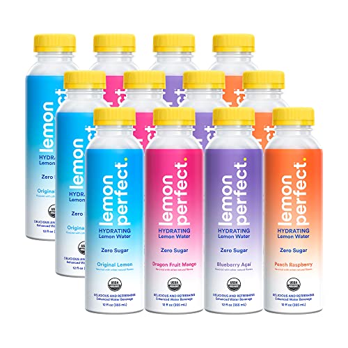 Lemon Perfect, Hydrating Organic Lemon Water, Zero Sugar, Flavored Water, Squeezed from Real Fruit, Plastic Neutral, No Artificial Ingredients, Variety Pack 12oz Bottles 12pk
