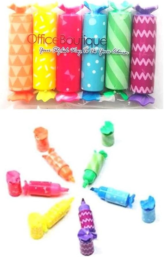 Candy Sweet Style Mini Highlighters, Set of 6 in bright colours, Handy for School, Office or at Home,  in a Carry Case Zip Bag