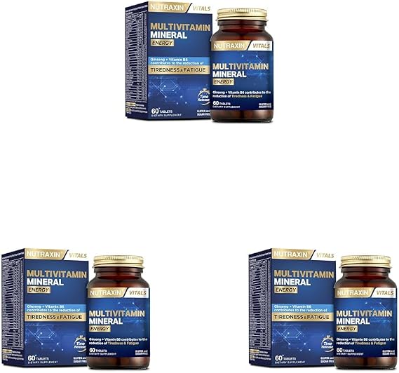 Nutraxin Multivitamin Mineral Energy – Ginseng, CoQ-10, L-Karnitin, Taurin ve 24 Vitamin-Mineral İçeren Enerji Destek Tableti – 60 Tablet – Vegan (3 paketi)