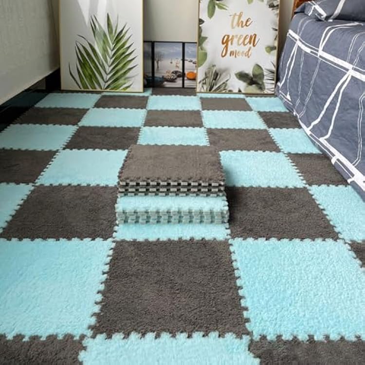 30 Pieces Plush Foam Floor Tiles,Foam Puzzle Play Mats,12 Inch Interlocking Carpet Tiles for Floor,0.23 and 0.39 Inch ThickSize:0.39 inch,Color:BlueGray