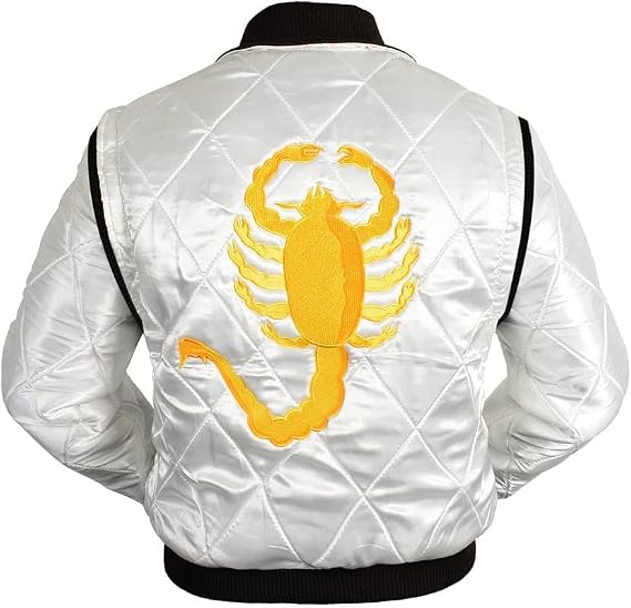Drive Jacket Scorpion - Ryan Gosling Jacket - White Scorpion Logo Quilted Satin Bomber Jacket Men