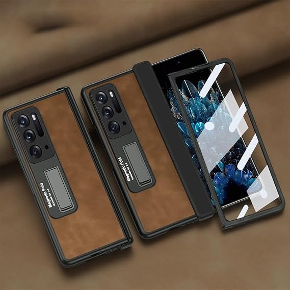 プレミアム PU レザーケース Oppo Find N 磁気ヒンジケース 内蔵スクリーンプロテクター&キックスタンド付き、超薄型PC耐衝撃カバー Oppo Find N用ブラウン