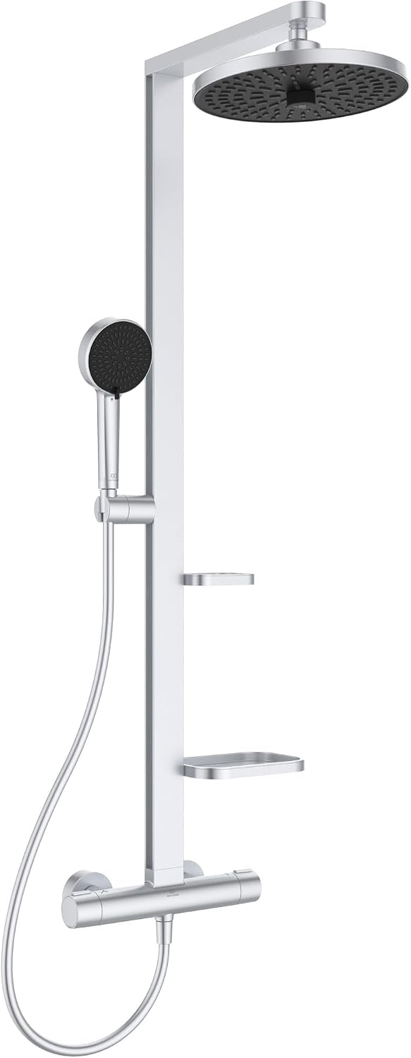 Ideal Standard BD583SI Alu Shower System with Ceratherm Thermostat 2 Shelves 2 Function Hand Shower 2 Function Shower Head and Shower Hose 175 cm Silver