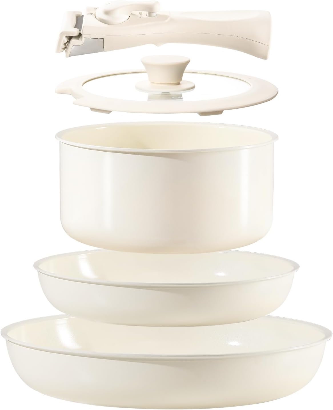 Ceramic Nonstick Cookware Set 5 Piece with Detachable Handle, Induction Dishwasher Oven Safe Pans and Pots Set, RV Kicthen Set Removable Handle, Cream White