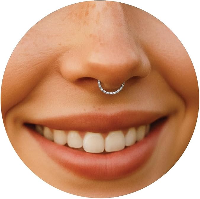 ALOME PIERCINGS Silver Fake Septum Ring - 925 Sterling Silver Faux Septum Nose Rings - 20 Gauge 8mm Thin Adjustable Clip On Septum Piercing Jewelry - Fake Septum Hoops For Women
