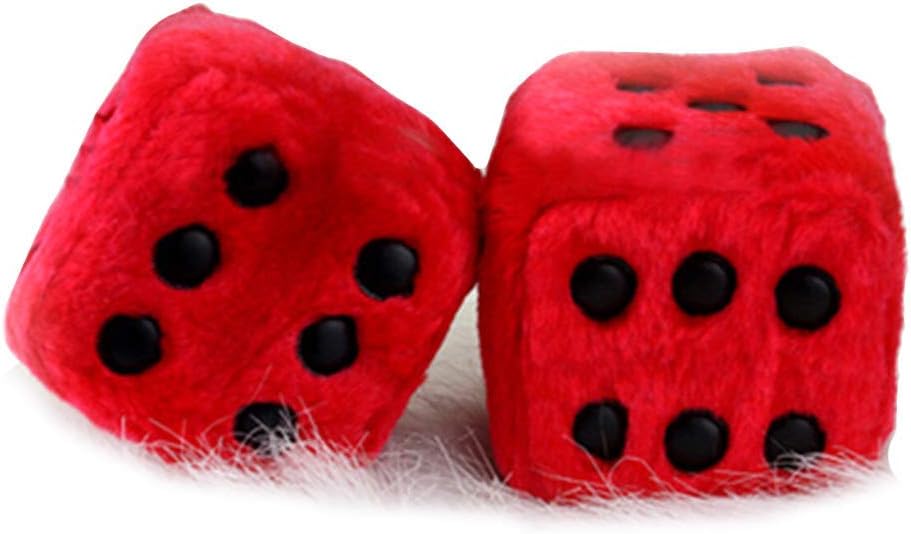 Giveme5 3 inch Pair of Retro Square Mirror Hanging Couple Fuzzy Plush Dice with Dots for Car Interior Ornament Decoration Red