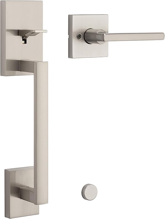 Kwikset San Clemente Front Door Handle No Lock, Entry Handleset Exterior with Interior Reversible Handed Lever, Non-Locking, Satin Nickel, Deadbolt Not Included, with Microban Protection | Interior Reversible Handed, Satin Nickel, Deadbolt Not Included, Microban Protection